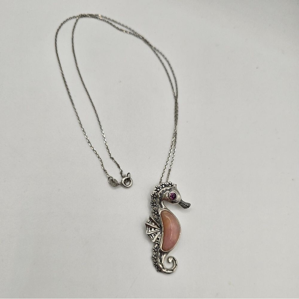 Pink Peruvian Opal Rhodium Over Silver Seahorse Pendant With Chain .15ctw
